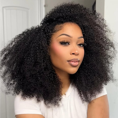 [3 In 1 Half ] Afro Curly Half Wig with Elastic Band Glueless Wear & Go Drawstring Band  Human Hair Black Color