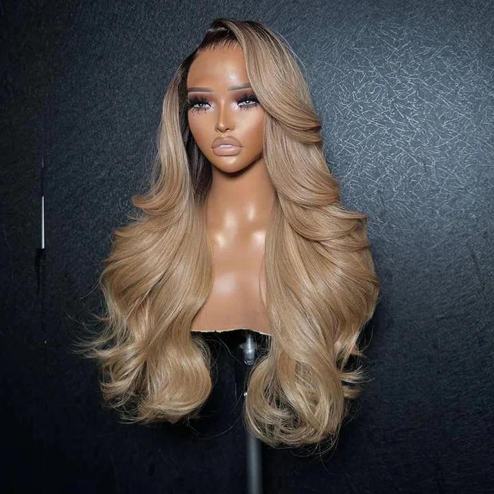 Lumiere Root4/Ash Blonde Body Wave Glueless Wig 13x4 Lace Front Human Hair Wigs 200% Density (#1B Colored)