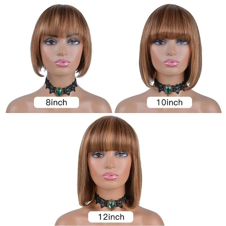 New Pixie Cut Highlight P4/27 Silky Straight Bob Human Hair Wigs With Bangs No Lace Full Machine Colored Bob Wigs