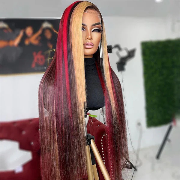 WG-91 Highlight Skunk Stripe 99J Blonde Body/Straight Wave 13x4 Lace Front Wig For Women