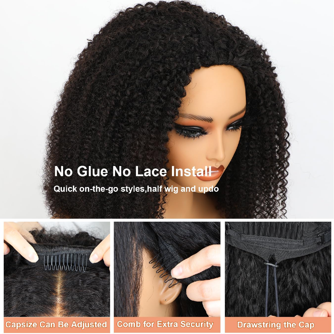 [3 In 1 Half ] Afro Curly Half Wig with Elastic Band Glueless Wear & Go Drawstring Band  Human Hair Black Color