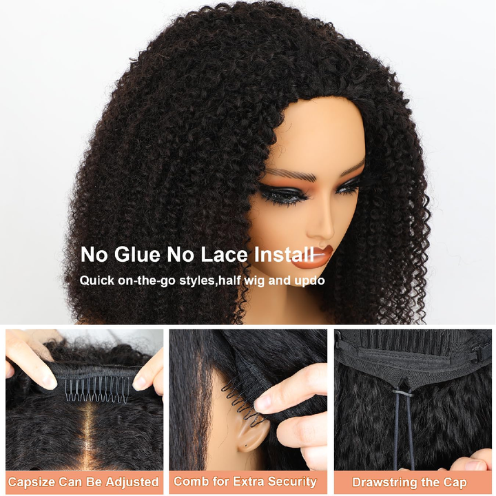 [3 In 1 Half ] Afro Curly Half Wig with Elastic Band Glueless Wear & Go Drawstring Band  Human Hair Black Color