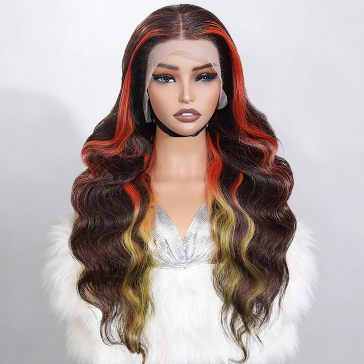 Lumiere Ginger Highlights Multi Colored Lace Front Body Wave Wig Brown with Mixed Orange Yellow Human Hair Wig (WG-95)