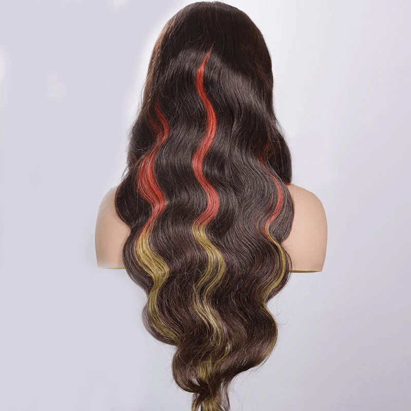 Lumiere Ginger Highlights Multi Colored Lace Front Body Wave Wig Brown with Mixed Orange Yellow Human Hair Wig (WG-95)