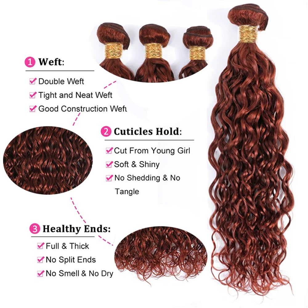 Lumiere #33 Reddish Brown Water Wave 3 Bundles Extensions 100% Human Hair(No Code Need)