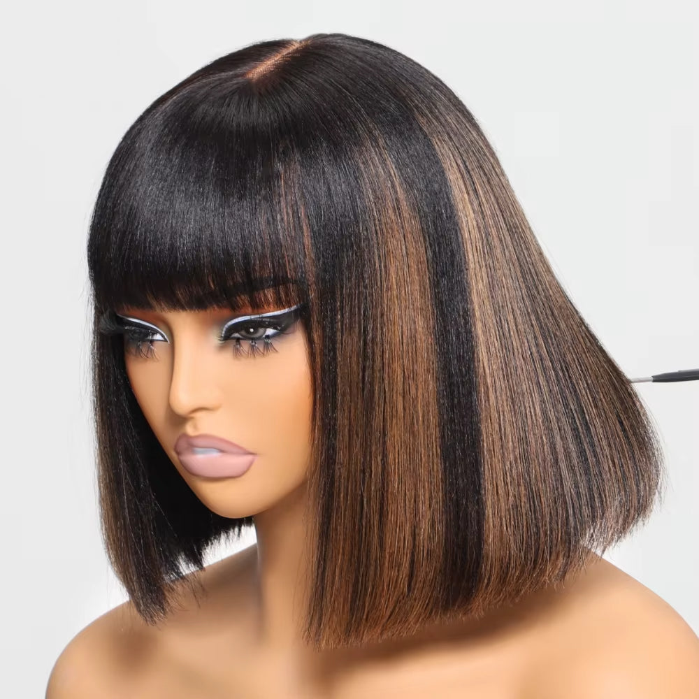 Lumiere Highlight Straight Bob Human Hair Wig with Bangs None lace Bob Wigs 200% Density Wear Machine Made Colored Wig for Woman 14 Inch