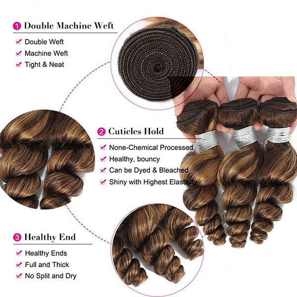 Highlight P4/27 Loose Wave Bundles with HD Lace Ombre Brown Human Hair Bundles with 4X4 Closure