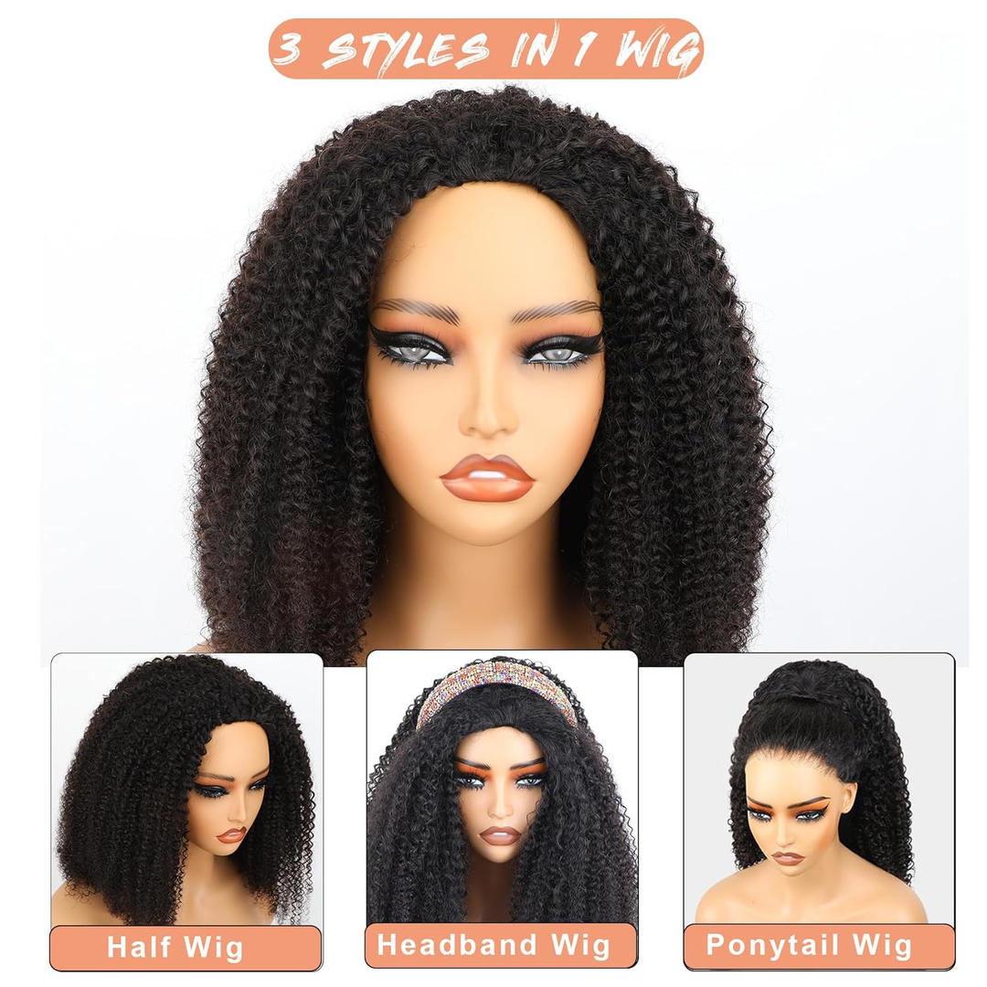 [3 In 1 Half ] Afro Curly Half Wig with Elastic Band Glueless Wear & Go Drawstring Band  Human Hair Black Color