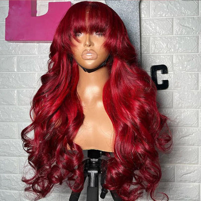 Lumiere Bangs Body Wave Fringe Red 13x4 Transparent Lace Frontal 180% Density Human Hair Wigs For Black Women HDZ