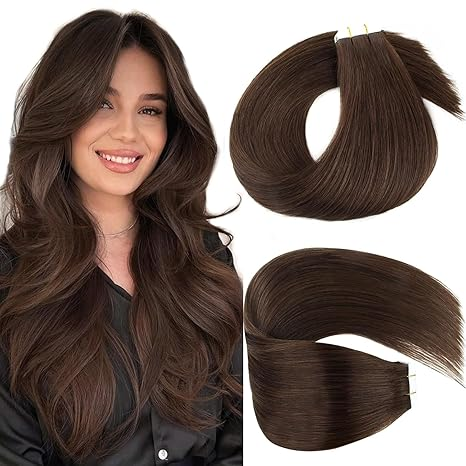 Lumiere Hair Extensions Tape in Human Hair 26 inches Silky Straight Remy Human Hair Tape in Hair Extensions #2 Dark Brown 50 Gram 20Pcs/Pack Soft Hair