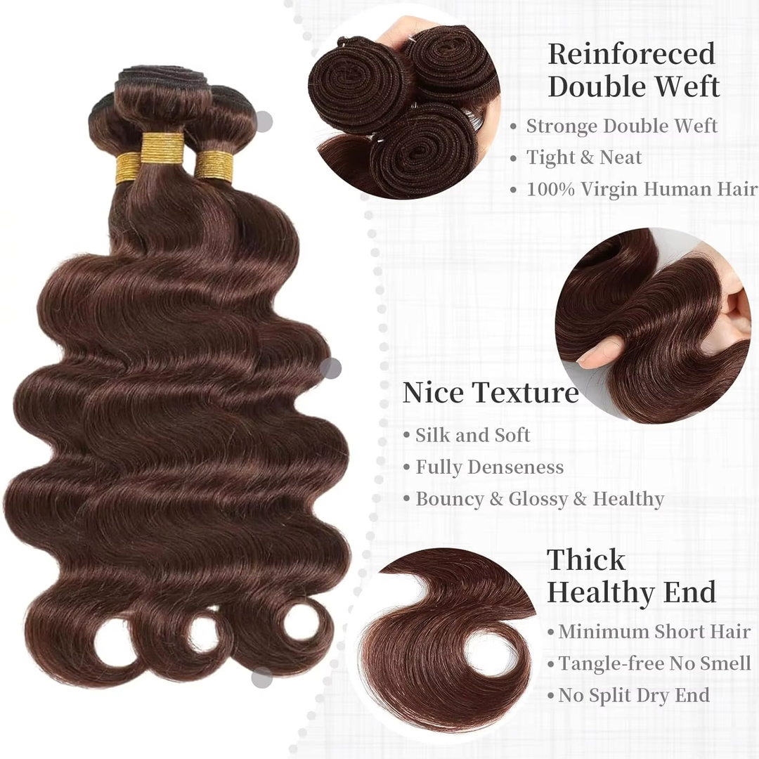 #4 Brown Body Wave 3 Bundles avec 4X4 Lace Closure 100% cheveux humains vierges 