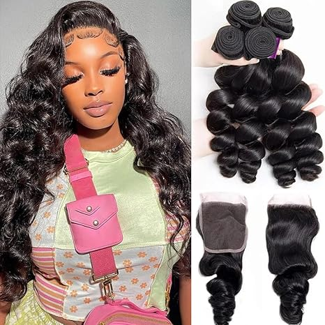 (B2)  4 Bundles Loose Wave With 4x4 Lace Closure Brazilian Hair Wave Bundles With Closure Natural Human Hair