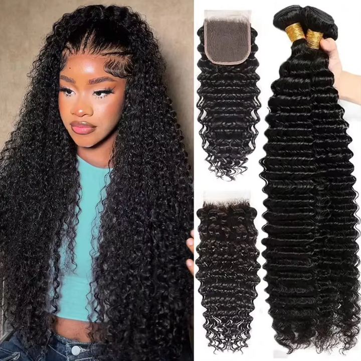 (B2)  3 Bundles Deep Wave With 4x4  Lace Closure Brazilian Human Hair Extension