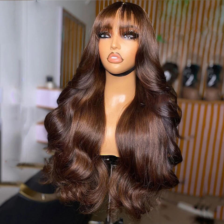 Lumiere Chocolate Brown Body Wave 180% Density Human Hair Wig With Bang 13x4 Transparent Lace Front Wigs Human Hair For Black Women HDZ