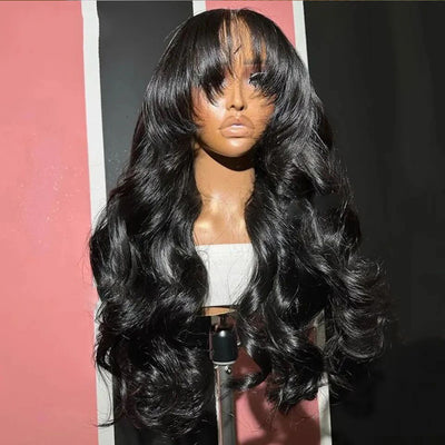 Lumiere Fringe Red Body Wave Preplucked Burgundy 13x4 Transparent Lace Frontal 180% Density Human Hair Wigs With Bangs For Black Women HDZ