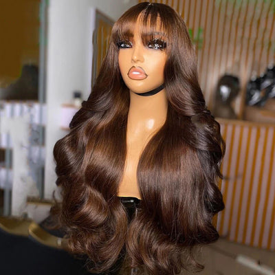 Lumiere Chocolate Brown Body Wave 180% Density Human Hair Wig With Bang 13x4 Transparent Lace Front Glueless Wigs Human Hair For Black Women HDZ