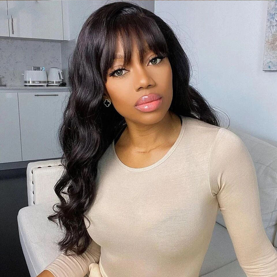 Lumiere Orange Lace Front 180% Density Human Hair With Bangs Body Wave 13x4 Transparent Lace Front Glueless Wigs For Black Women HDZ
