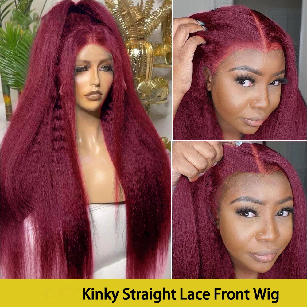 Preplucked Soft 99j Burgundy Kinky Straight Yaki 13x4 Lace Front Wig 180% Density For Black Women With Babyhair Glueless Daily Wine
