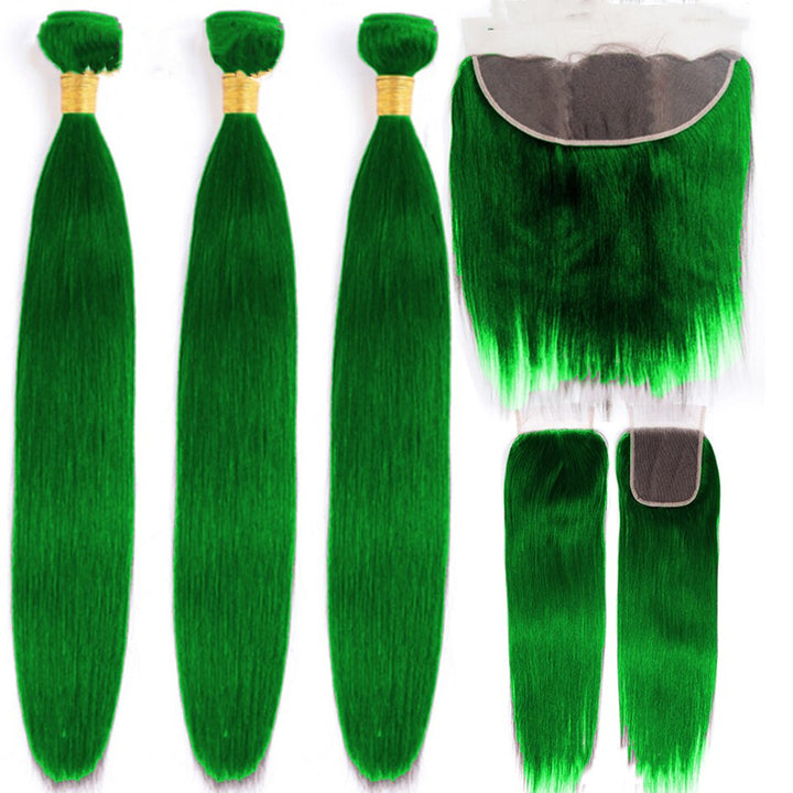 Grass Green Straight 3 Bundles With 4X4 Lace Closure Brazilian Human Hair