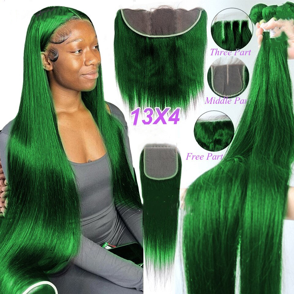 Grass Green Color Straight 3 Bundles With 13X4 Lace Frontal Human Hair