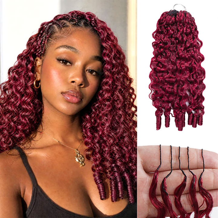 #99J Burgundy Human Hair Burmese Curly Feather Crochet Extensions  Miracle Knots Pre-Separated