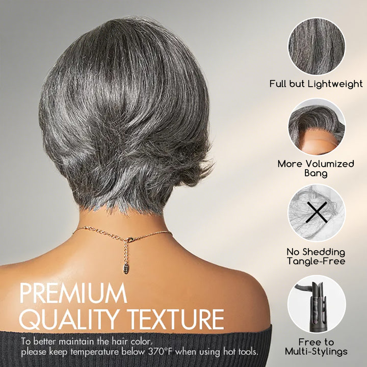 Lumiere Pixie Cut Human Hair Wigs Salt & Pepper Wigs Short Bob Left C Part 4x6x1 Lace Grey Wig Pre-Cut Lace