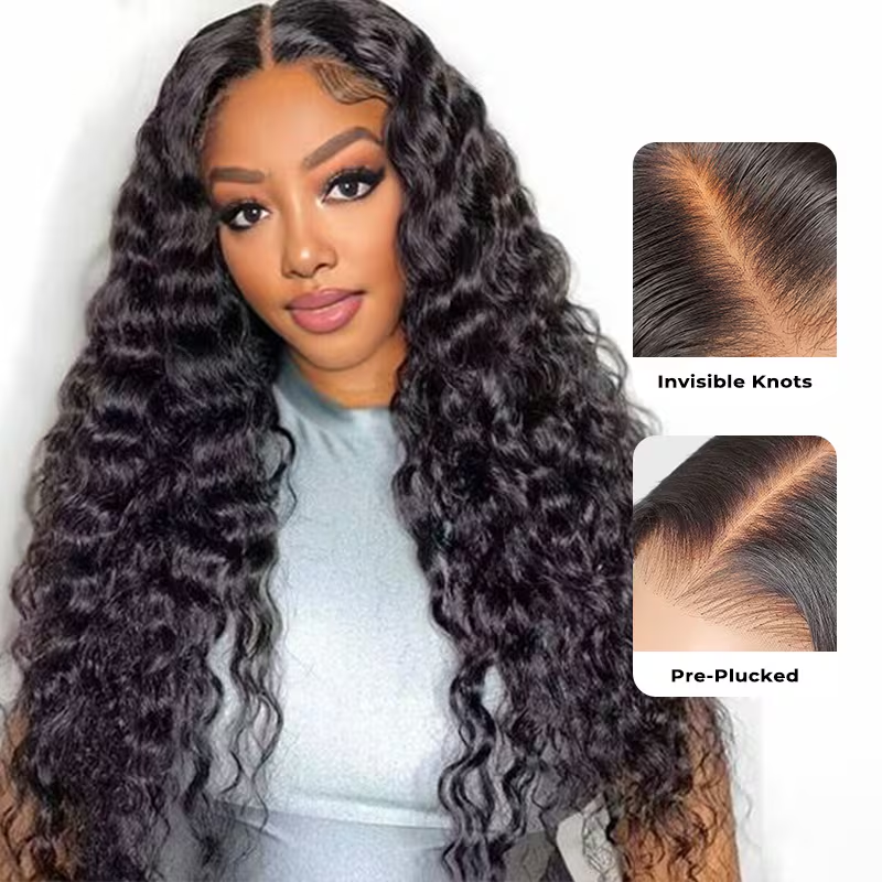 Lâche Deep Wave Lace Front/Fermeture sans colle pour les femmes noires Prelucked Human Hair 