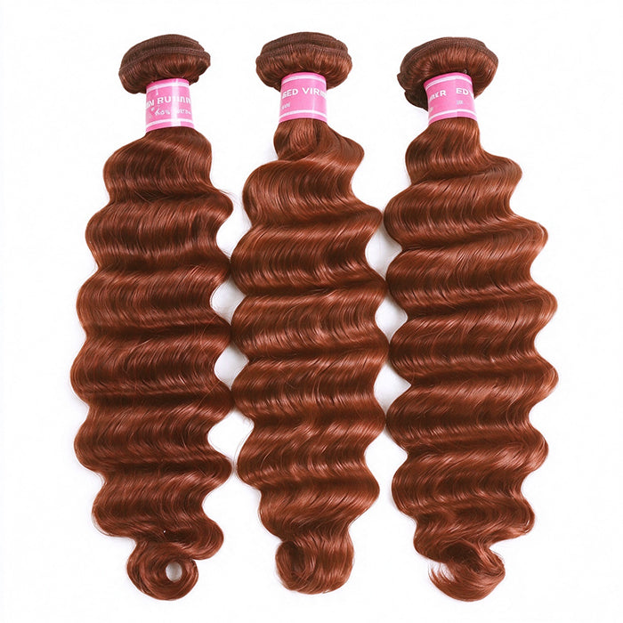 #33 Reddish Brown Loose Deep 3 Bundles 4X4 Transparent Lace Closure Brazilian Raw Human Hair  Extensions For Women(No Code Need)