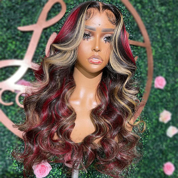 WG-91 Skunk Stripe Highlight Red Blonde Colored Straight Transparent Lace Front Wig Body Wave Lace Front Wig Human Hair