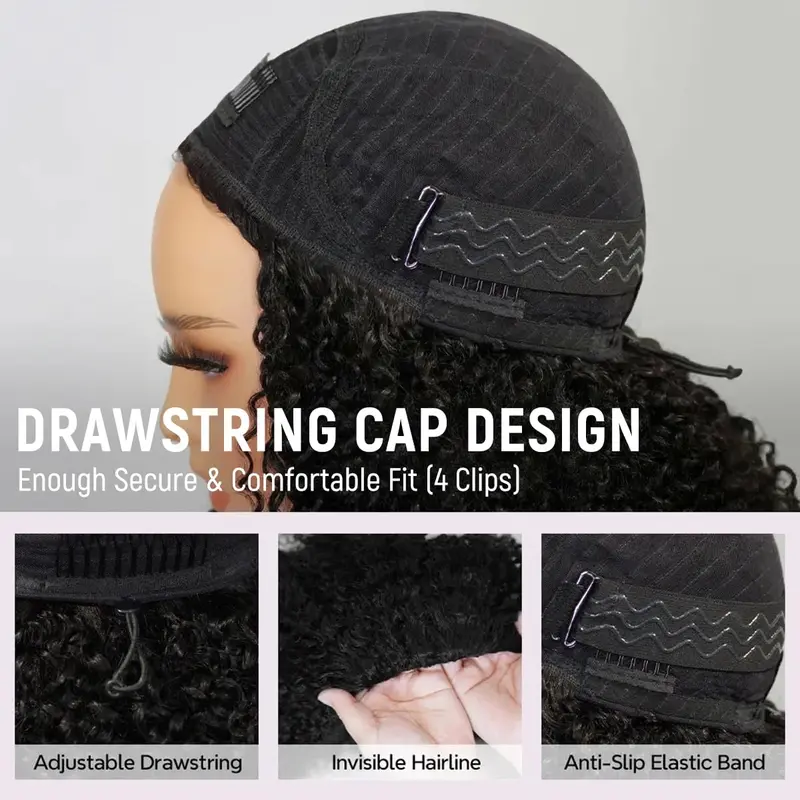 [3 In 1 ] Half Wig with Drawstring Kinky Curly Ready To Go Wig Human Hair Wigs With Natural Hairline Human Hair