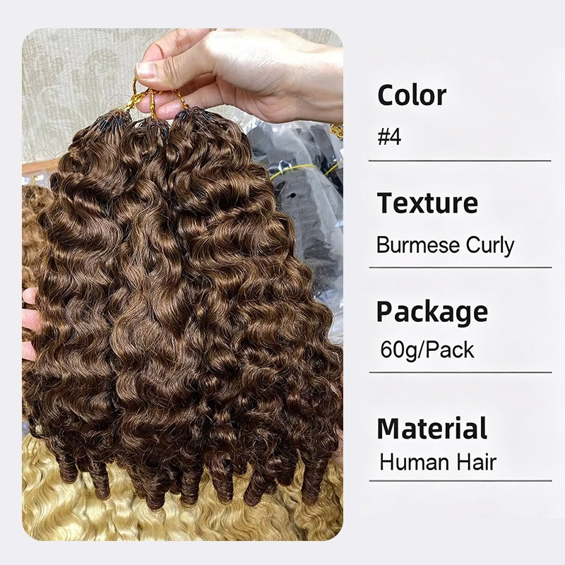 Lumiere #4 Brown Burmese Curly  Feather Crochet Human Hai Invisible Crochet Knots Hair(No Code Need)