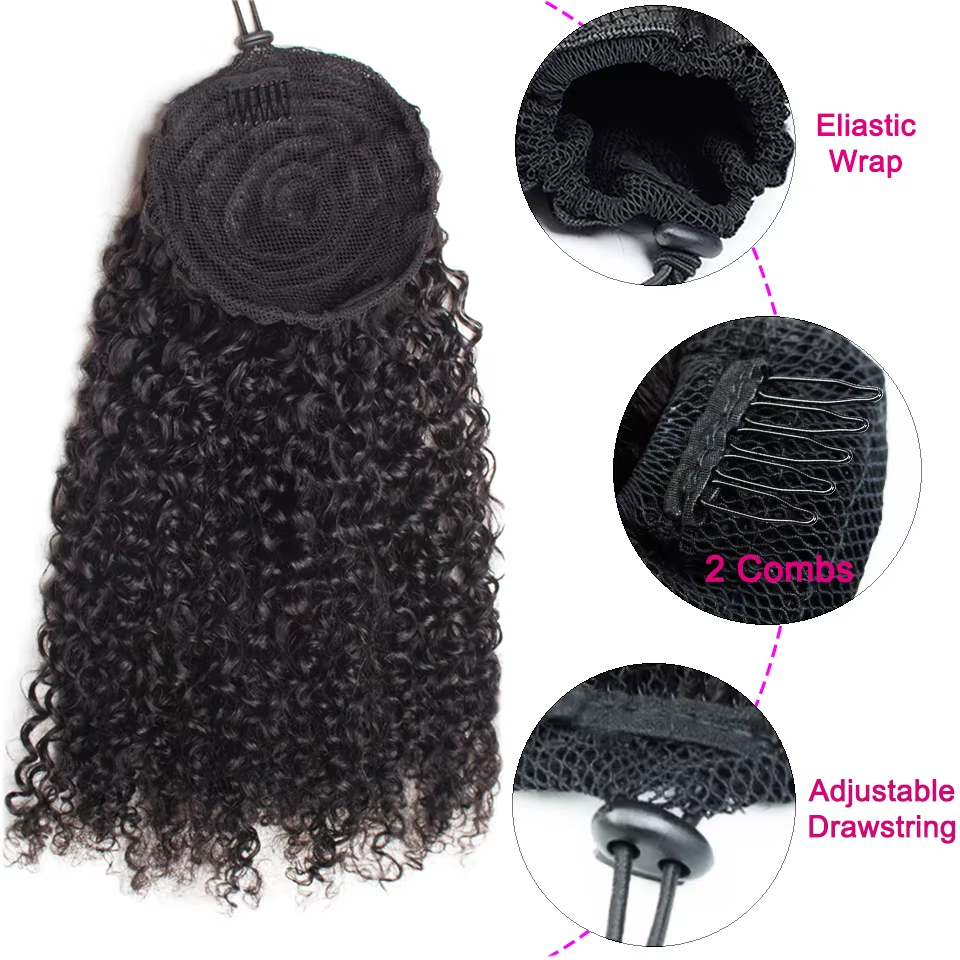 Ship In 24Hours-Lumiere Kinky Curly Ponytail Extension Drawstring Human Hair Clip in for Women160g