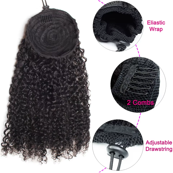Ship In 24Hours-Lumiere Kinky Curly Ponytail Extension Drawstring Human Hair Clip in for Women160g