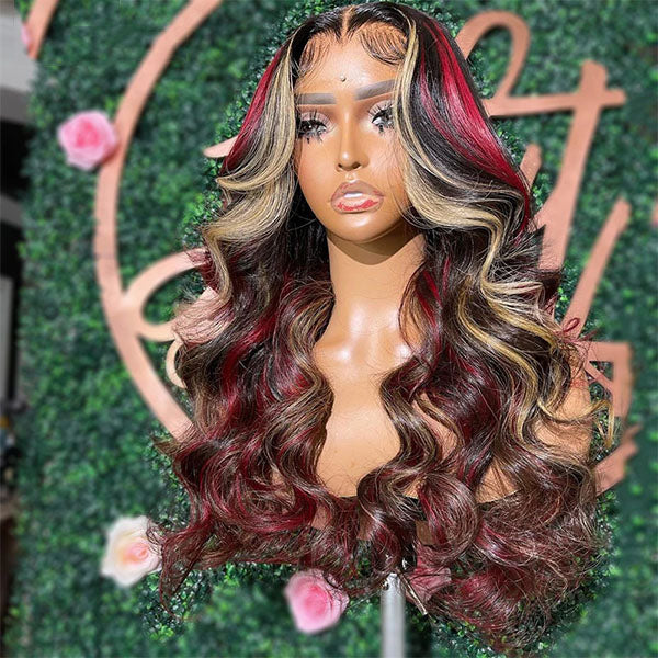 WG-91 Skunk Stripe Highlight Red Blonde Colored Straight Transparent Lace Front Wig Body Wave Lace Front Wig Human Hair