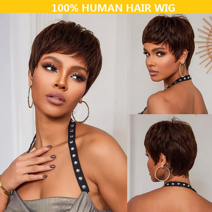 New Pixie Cut #1B #99J #27 Human Hair Wig with Bangs Black Short Straight Pixie Cut Hair Human Hair Machine Made Wig for Women