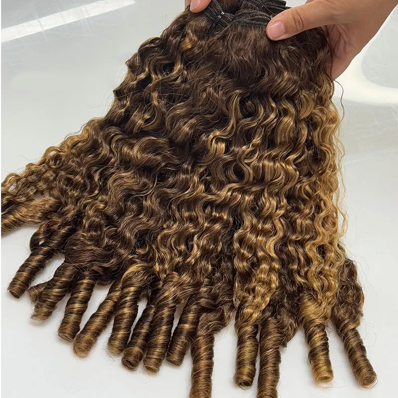 Highlight P4/27 Colored Burmese Curly 4 Bundles Pixie Curls Human Hair Bundles Ocean Spirals Curly