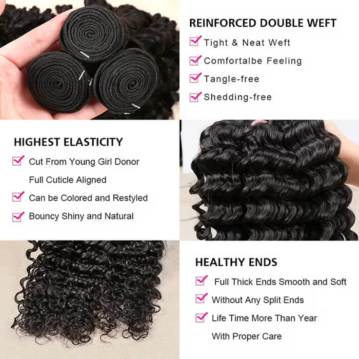 (B1)Deep Wave Human Hair 4 Bundles Curly Hair Weaving Double Weft Virgin Hair Extensions(Ship In 24Hours)