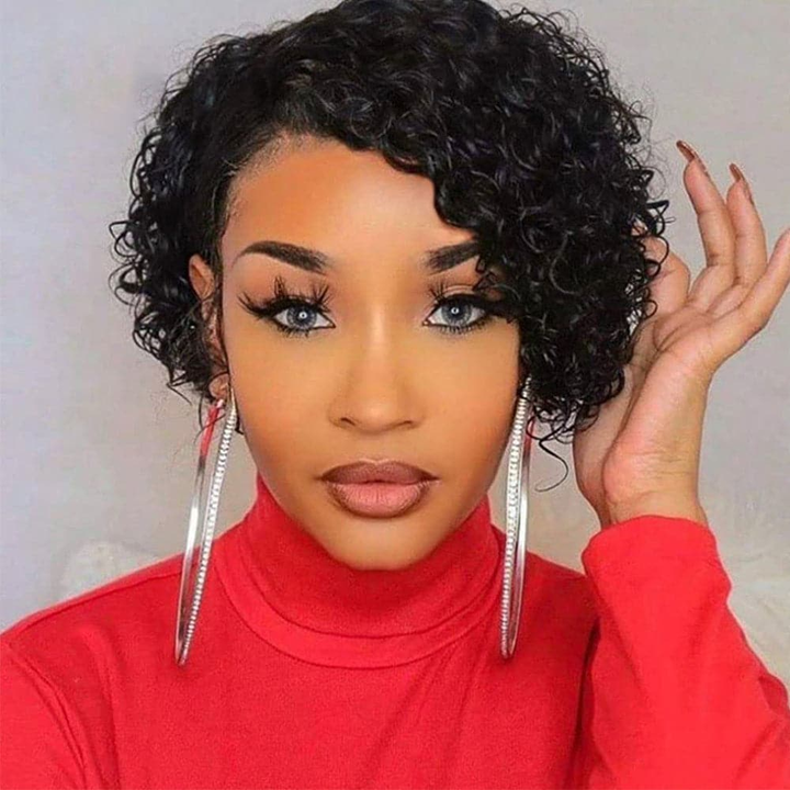 # 1B Curly Short Bob Full Machine Made None Lace Wig Avec Bangs Virgin Human Hair 