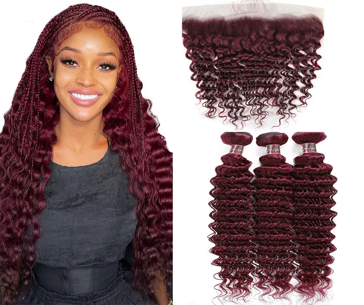 Red Bundles #99j Deep Wave 3 Bundles With 13x4 HD Lace Frontal Human Hair