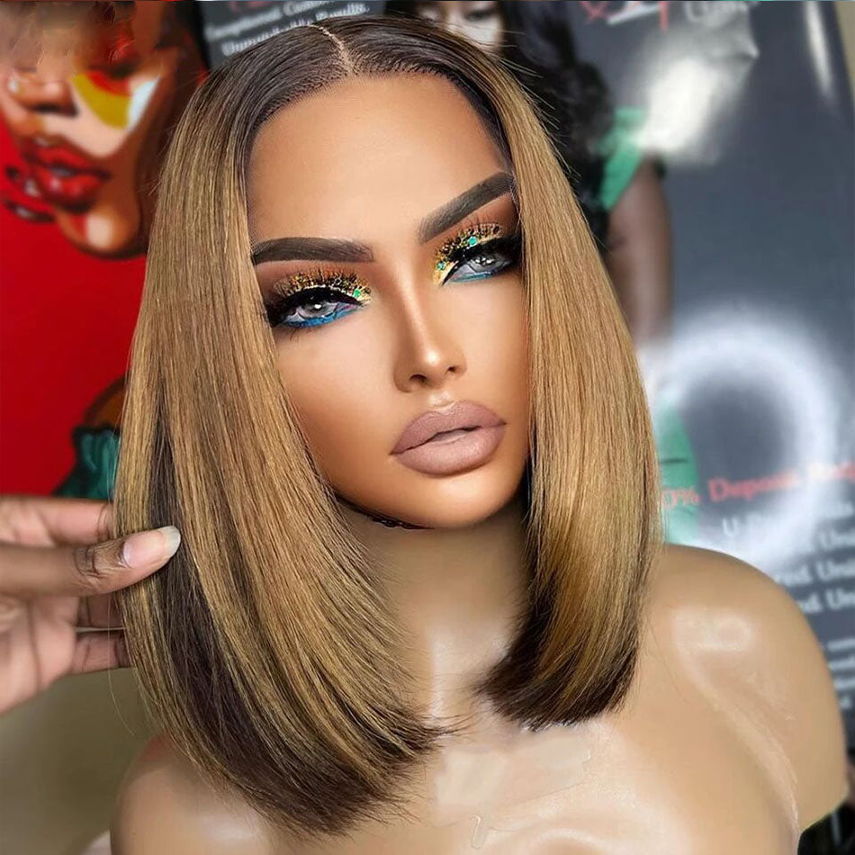 Lumiere Short Bob Brown Blonde Colored Human Hair Straight Wigs 13x4 Transparent Bob Lace Front Glueless Wigs For Black Women HDZ