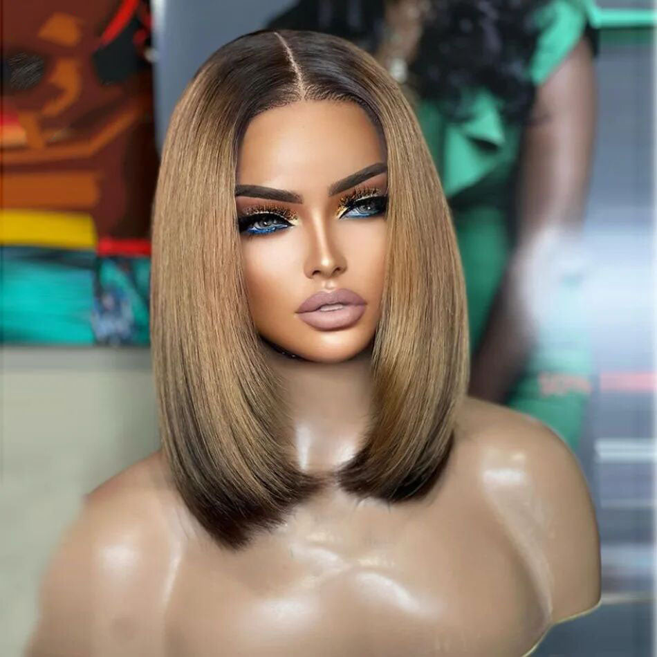 Lumiere Brown Blonde With Black Colored Human Hair Straight Short Bob Wigs 13x4 Transparent Bob Lace Front Glueless Wigs For Black Women HDZ