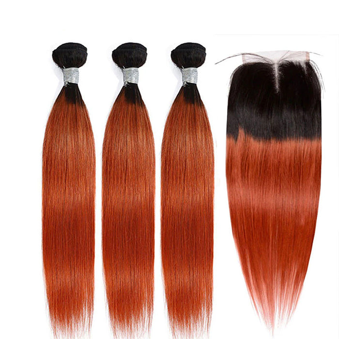 1B/350 Orange Straight 4x4 Lace Closure With 3 Bundles Brazilian Ombre Hair Weave
