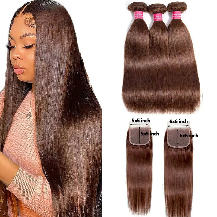 Straight Bundles With Closure #4 Brown Color 3 Bundles With 5x5/6x6 closure Brazilian Hair