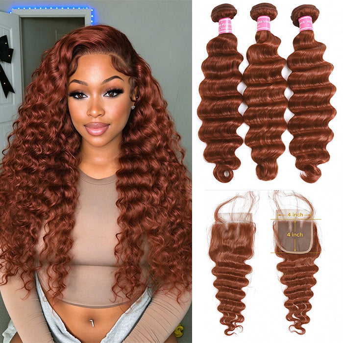 #33 Reddish Brown Loose Deep 3 Bundles 4X4 Transparent Lace Closure Brazilian Raw Human Hair  Extensions For Women(No Code Need)