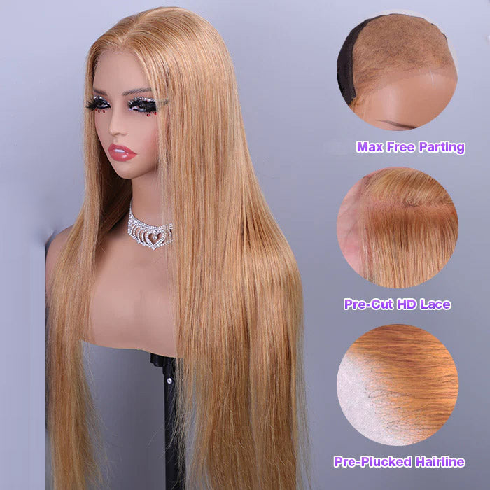 #27 Honey Blonde Straight Hair Upgrade 5x5 Pre-Cut HD Lace Ready To Go Glueless Human Hair Wigs