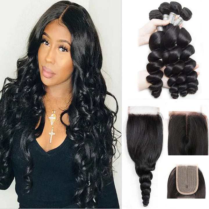 28 30 40 Inch Loose Wave Hair 4 Bundles With 4x4 Lace Closure Remy Brazilian 100% Human Hair Weave