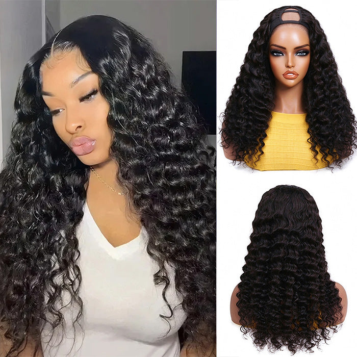Loose Deep U Part Human Hair Wigs Natural Black Brazilian Virgin Hair