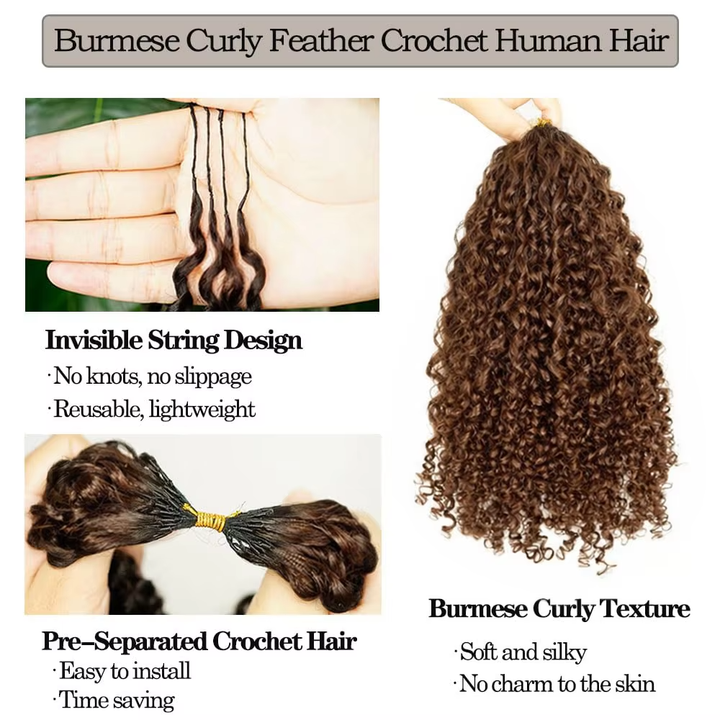 Lumiere #4 Brown Burmese Curly  Feather Crochet Human Hai Invisible Crochet Knots Hair(No Code Need)