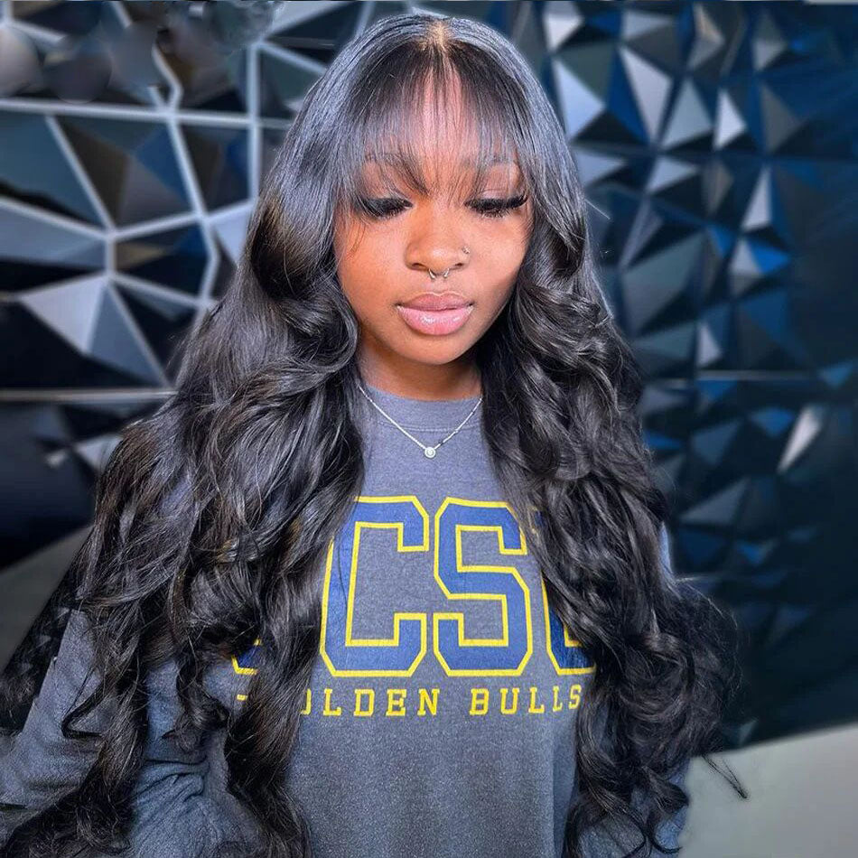 Lumiere Body Wave 13x4 Transparent Lace Frontal 180% Density Human Hair Wigs With Bangs For Black Women HDZ