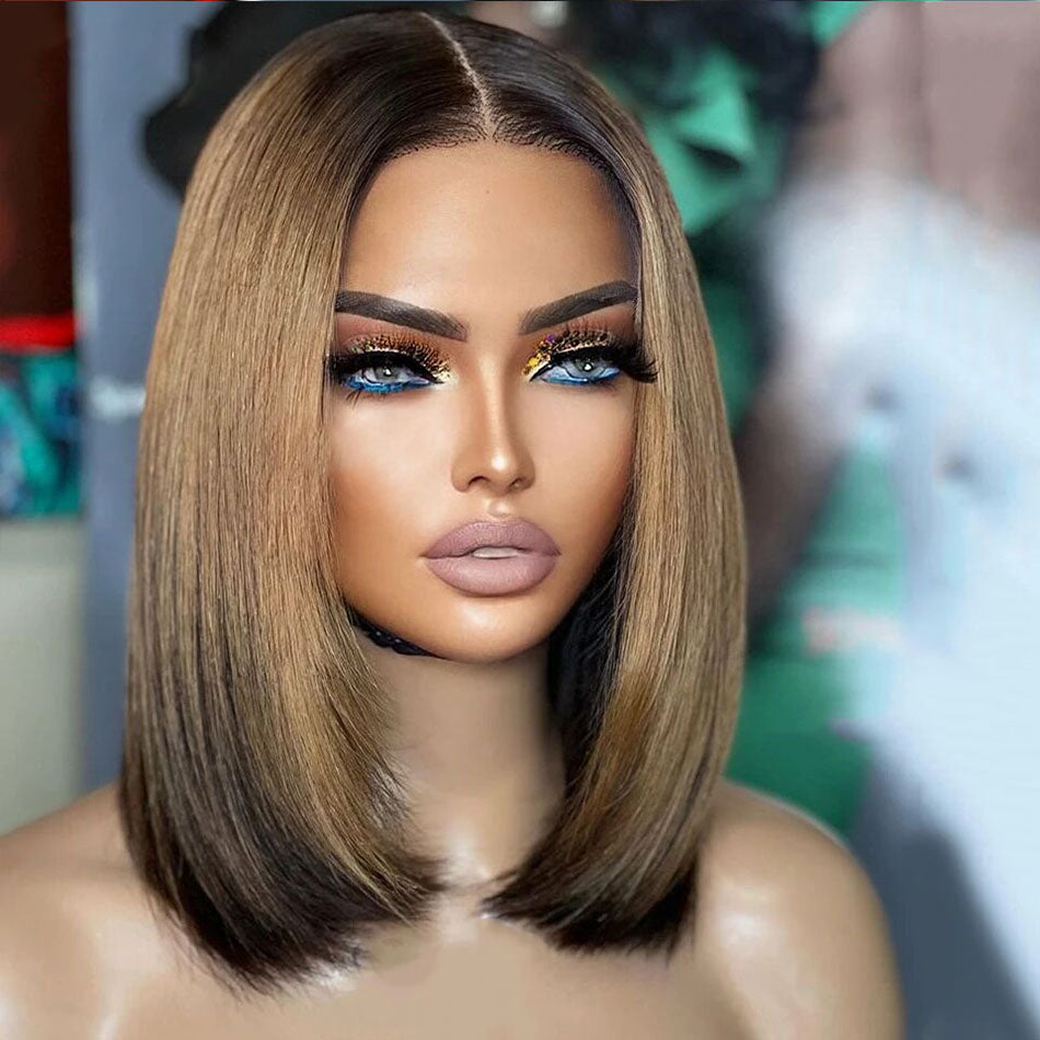 Lumiere Brown Blonde With Black Colored Human Hair Straight Short Bob Wigs 13x4 Transparent Bob Lace Front Glueless Wigs For Black Women HDZ